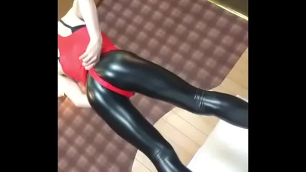 Hot no porn] Shiny Red Leotard and PU Leggings Sissy image clip ( dejavu Tubo totale